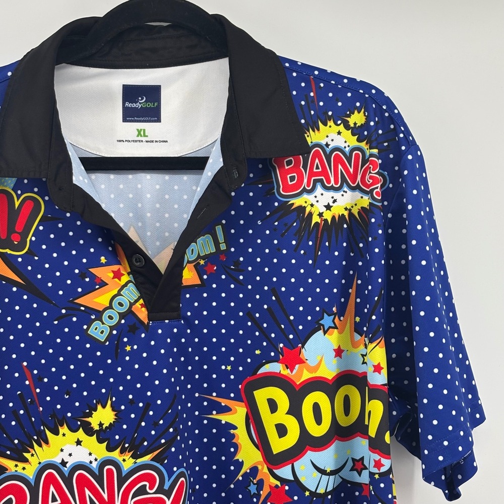 ReadyGOLF Mens Comic Book Boom Bang Pow Polka Dot Golf Polo Shirt Blue XL - Picture 2 of 9